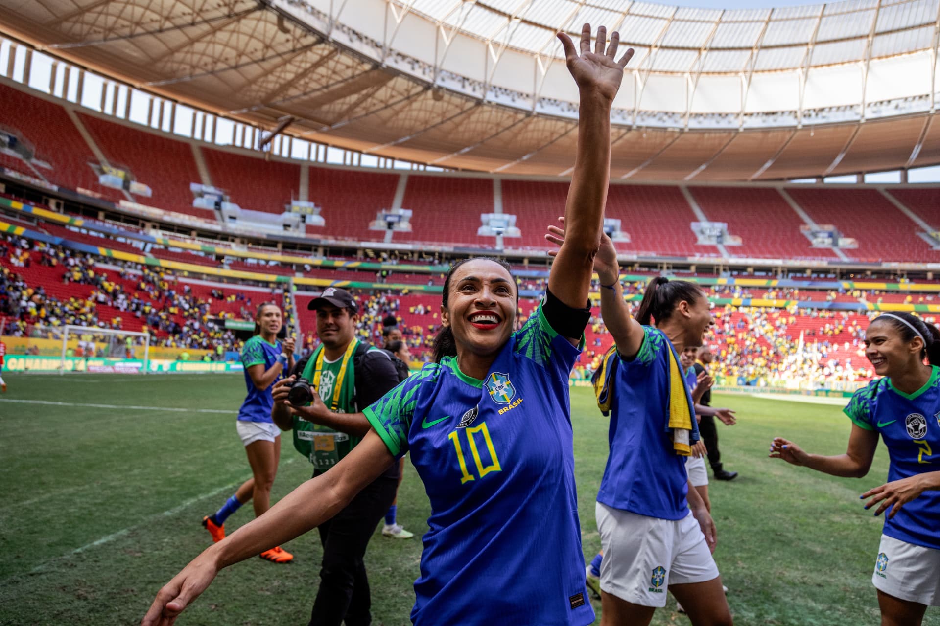 Marta celebrating with the Brazil women's national team